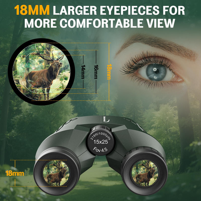 [AUSTRALIA] - Aurosports 15x25 Compact Binoculars for Adult Kids - High Power Binoculars for Bird Watching - Easy Focus Small Binocular with Low Light Vision for Travel, Camping, Concert, Hiking -Green 