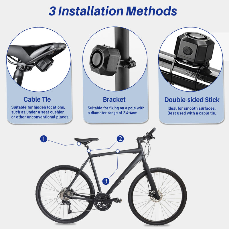 Cruxer 110dB Bike Alarm with Seatpost Bracket, USB-C Recharge with Remote | 3 Ringtone & 3 Volume & 7 Sensitivity Adjustable, IP65 Waterproof, 229FT Wireless Range, Anti-Theft Vibration, 2 Pack