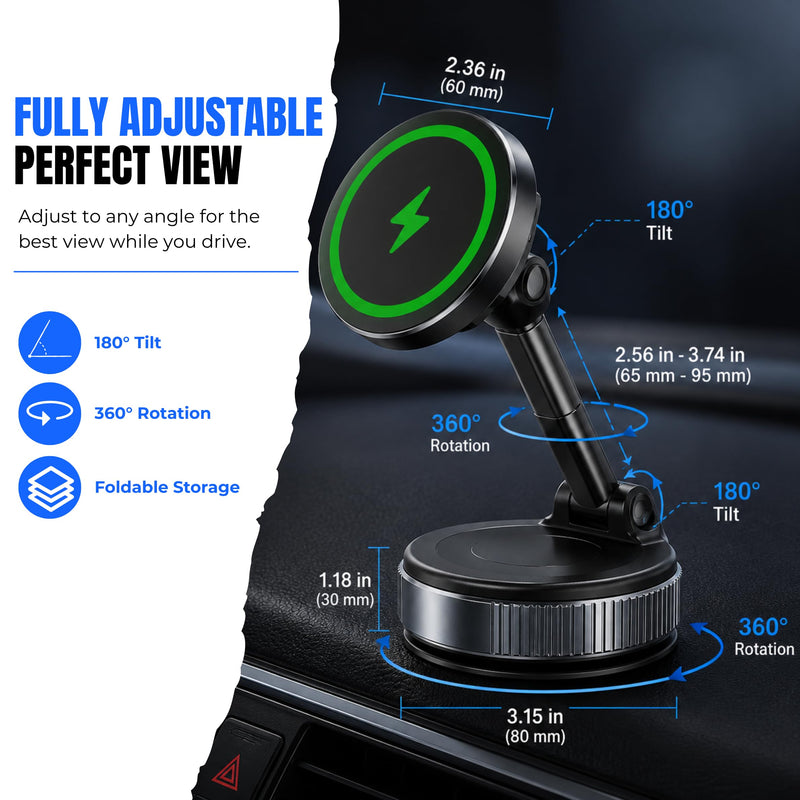 15W Magnetic Wireless Car Charger Mount with Vacuum Suction, MagSafe Car Phone Mount, 360° Adjustable Dashboard & Windshield Holder for iPhone & Samsung