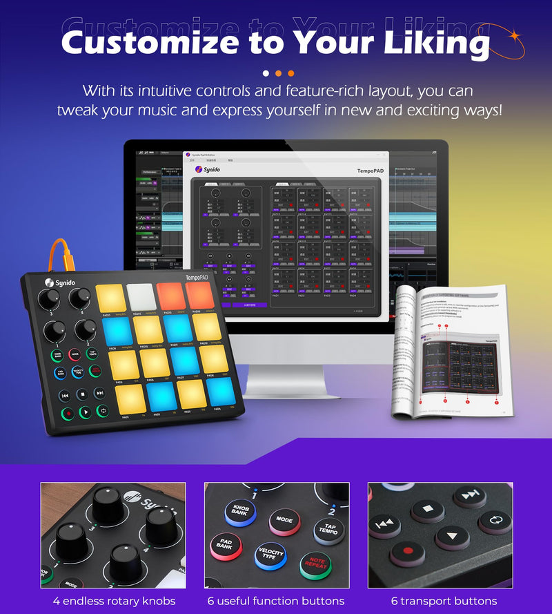 [AUSTRALIA] - Synido TempoPAD Midi Controller Beat Maker Machine for Music Production, Portable USB MIDI Beat Pad Controller for Beginners with Durable Carrying Bag, 16 Backlit Beat Pad, 4 Assignable Knob Black 16 MIDI 