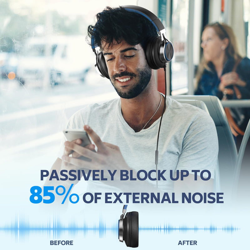 AC01 Over-Ear Headphones Wired, Passive Noise Isolating Corded Stereo Headsets with Mic Volume Control for Adults Teens 3.5mm for Chromebooks, Laptop, Computer, Tablets, Travel (Black Blue) Black Blue