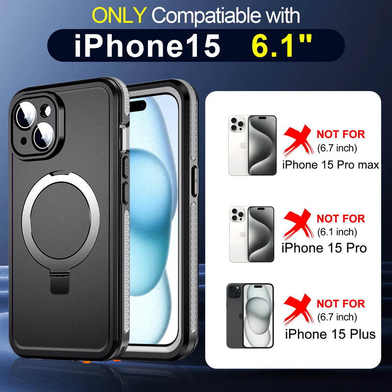 Hualele for iPhone 15 Waterproof Case Ultra Magnetic with Stand, Built-in Screen & Lens Protector [IP68 Underwater][Military Dropproof] [Compatible with MagSafe] Kickstand Case-Grey Black/Grey