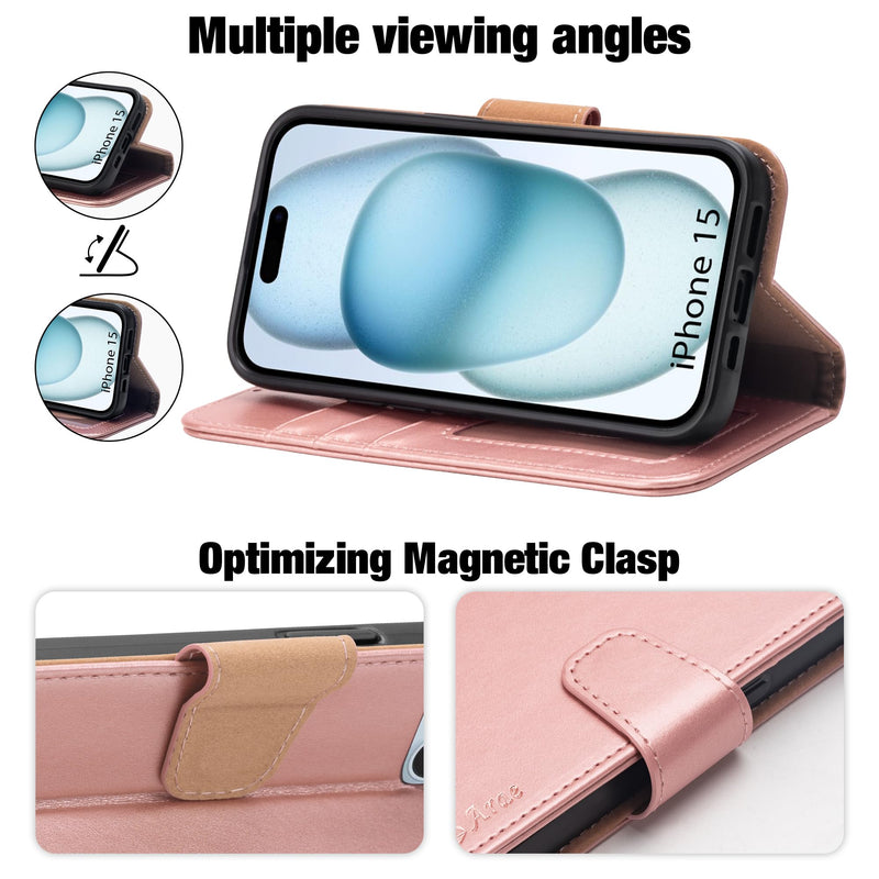 Arae Compatible with iPhone 15 Case with Card Holder and Wrist Strap Wallet Flip Cover for iPhone 15 6.1 inch,Rose Gold Rose Gold