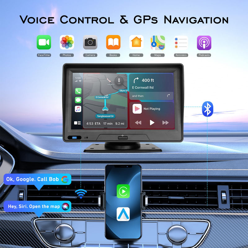 EVERSECU 7 Inch Touch Screen Car Stereo & Backup Camera, Apple CarPlay & Android Auto, Portable Car Radio with Bluetooth Hands-Free/Mirror Link/Maps Navigation/Voice Control/AUX, for Truck, SUV