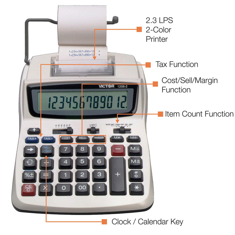 [AUSTRALIA] - Victor Printing Calculator, 1208-2 Compact and Reliable Adding Machine with 12 Digit LCD Display, Battery or AC Powered, Includes Adapter,White 1.5" x 6" x 7.5" 