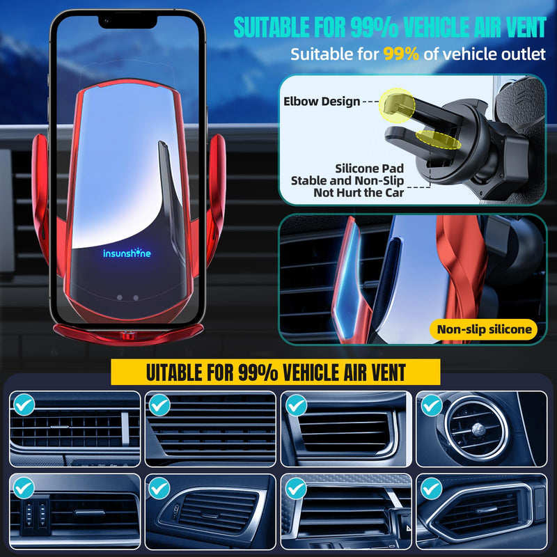 Wireless Car Charger, MAX 15W Fast Charging Auto Clamping, Sensing Phone Holder Mount, fit for iPhone 16 15 14 13 12 Pro Max Xs X, Samsung Galaxy S24 Ultra S23 S22 S21 S20 Note20 (4-Red) 4-Red
