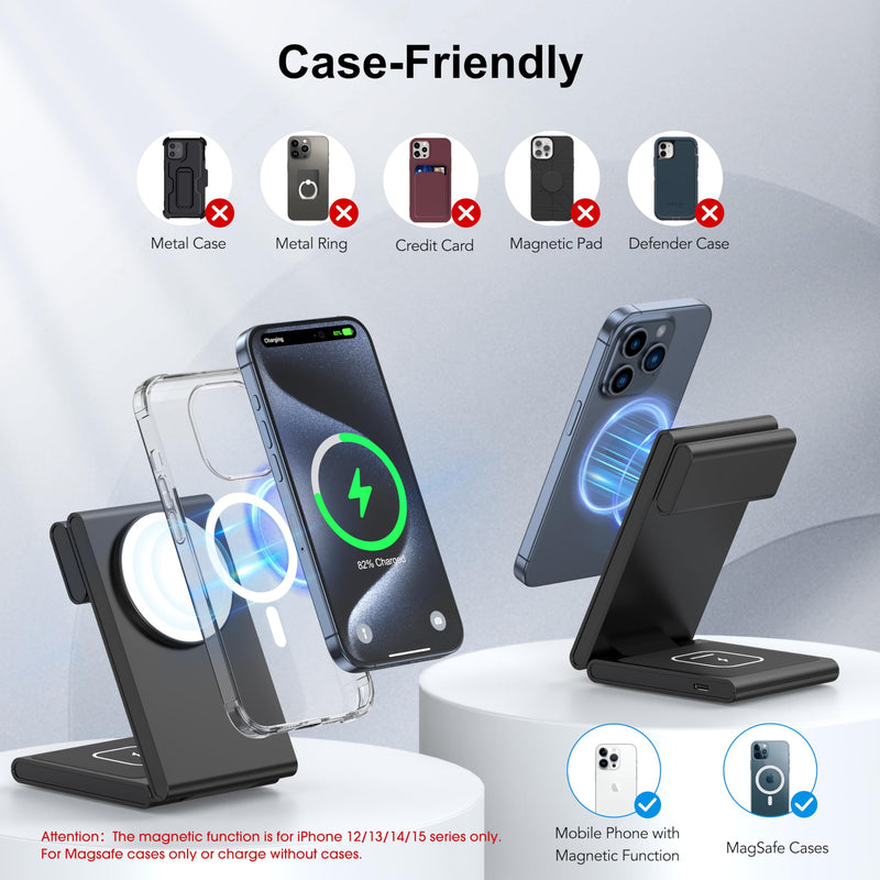 3 in 1 Wireless Charging Station for Multiple Devices, Fast Foldable Travel Mag-Safe Stand for iPhone 15 14 13 12 Pro Max/Plus/Pro/Mini, Magnetic Charger for Apple Watch/AirPods Pro with 20W Adapter Upgraded Black