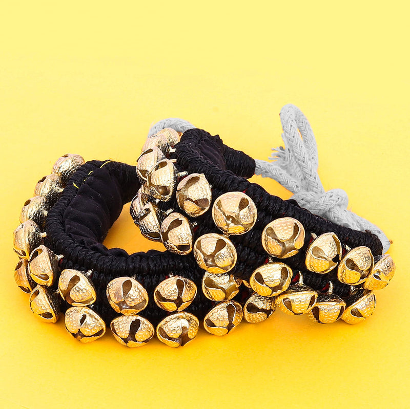 Dancing Bells Anklet Ghungroo with Colored Cushion Pad 2 Line with (20+20) Bells Best For Indian Classical Dance, Indian Style Brass Ankle Bells (BLACK) BLACK