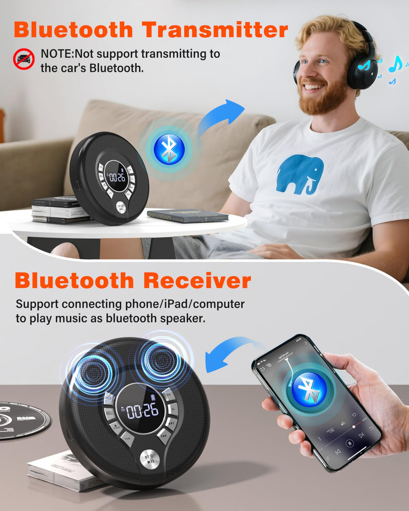 [AUSTRALIA] - Greadio Portable Bluetooth CD Player with 2000mAh Rechargeable, Personal CD Player for Car with FM Transmitter/AUX, CD Discman Player with Headphone, 120s Anti-Skip, USB Port, Backlight (Black) Black-CD Player with FM Transmitter 