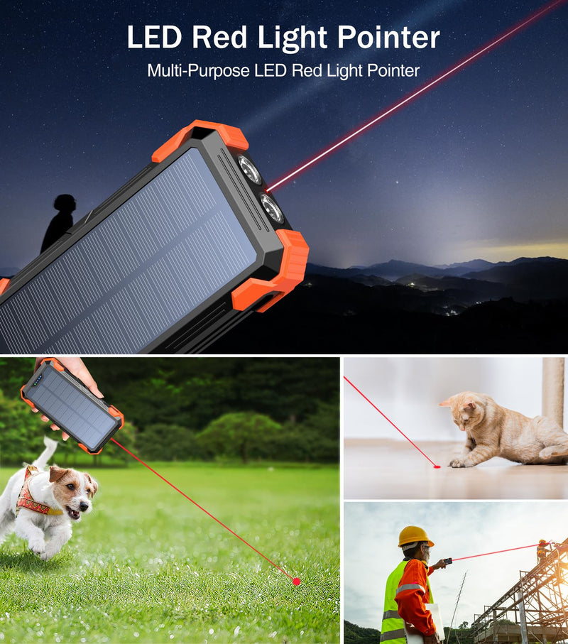GOODaaa Power Bank Portable Charger 42800mAh Built in 4 Cables and Thermometer 15W Fast Charging Power Bank Five Outputs Three Inputs Solar Charger Power Bank, SOS/Strobe/Strong Flashlights, Carabiner Orange