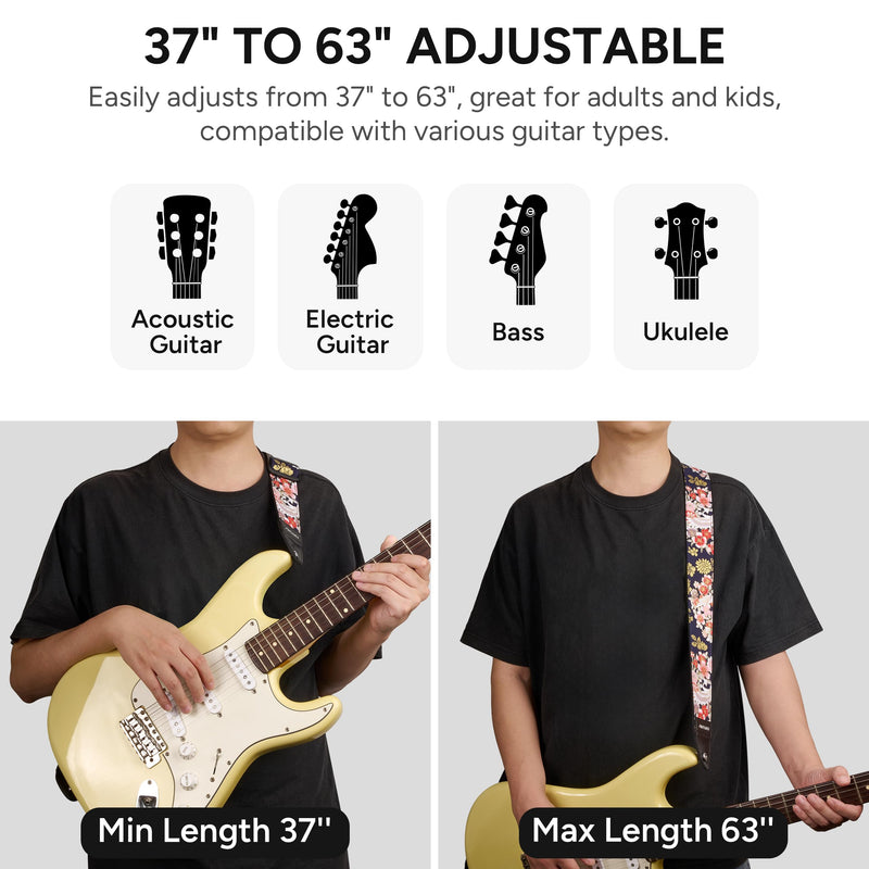 Amumu Guitar Strap – 2" Peony & Crane Pattern, Microfiber Leather Ends, for Acoustic, Electric, Bass Guitars, Adjustable 36" - 63" Peony Crane