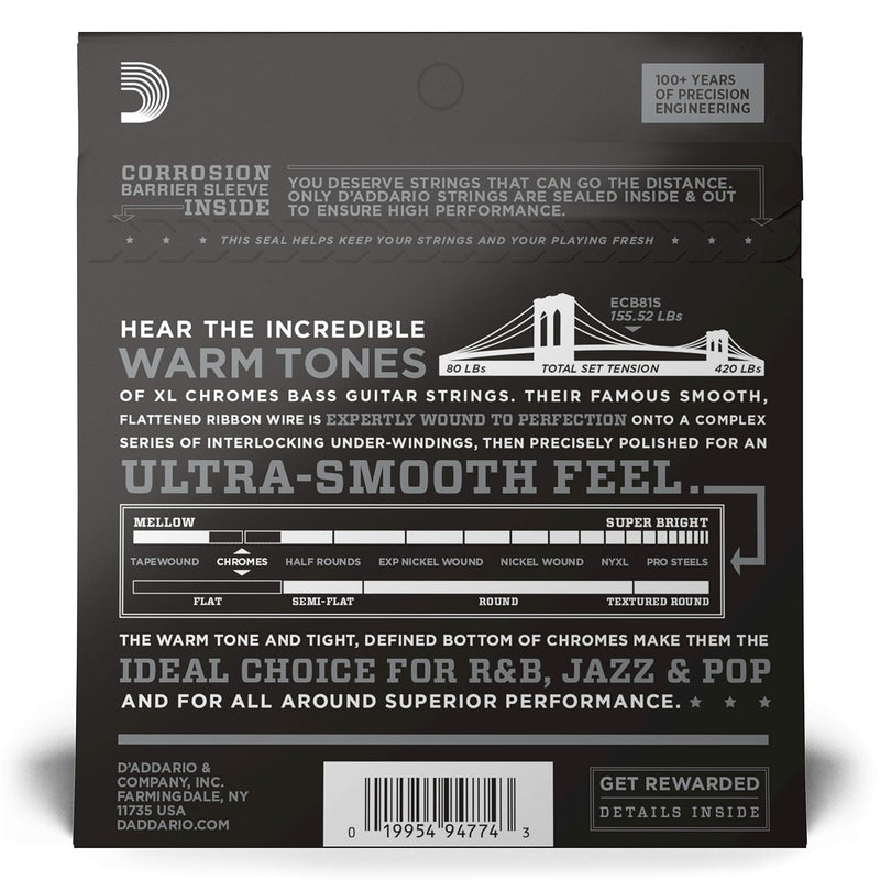 D'Addario XL Chromes Flat Wound Bass Guitar Strings - ECB81S - Short Scale - Regular Light, 45-100