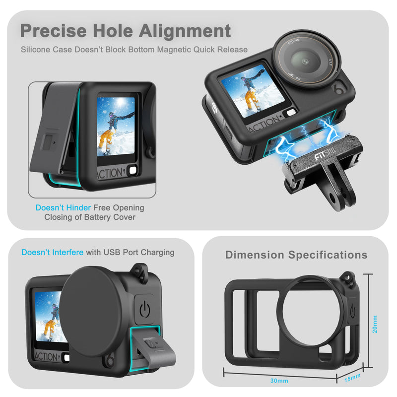 FiTSTILL Silicone Rubber Case+3Pack Tempered Glass Protector Compatible for DJI Osmo Action 6,Rubber Case&Lens Caps&Screen Protectors&Lanyardfor Protective Full Cover Shell Action6 Accessories Kit