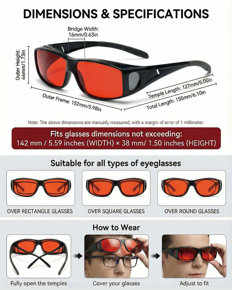 OptiCraft Blue Light Blocking Glasses Wear Over Prescription, Better Sleep | Computer Glasses for Digital Screen, Reduce Eye Strain, Red Lenses Block UV400 and 380-500nm Rays, Light Sensitivity Glasses B01 Black Frame / Amber Lens