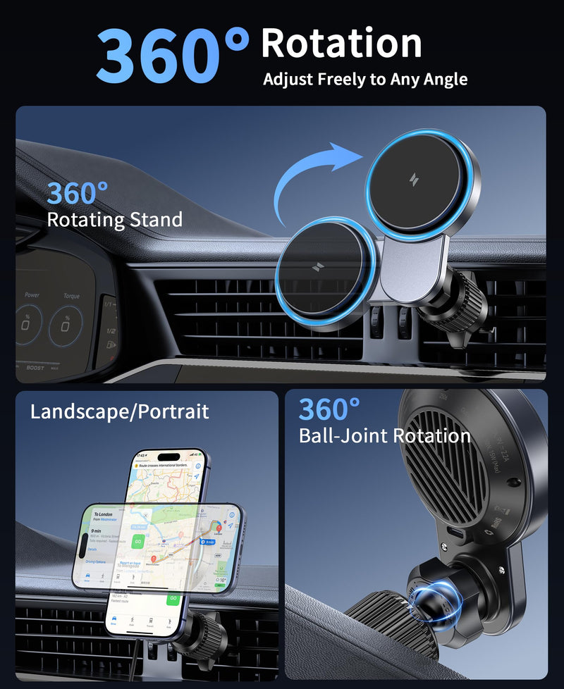 for 25W Magsafe Car Mount Charger with [Cooling Fan], Magnetic Phone Holder for Car, Car Vent Phone Mount with 63W Car Charger, Magnetic Wireless Car Charger for iPhone 17/16/15/14/13/12 Series Black