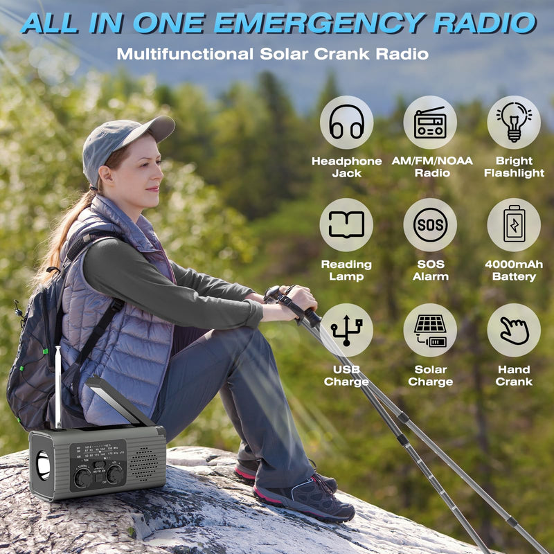 Emergency Radio 4000mAh Solar Hand Crank AM/FM/NOAA Portable Weather Radio with Phone Charger, LED Flashlight, Reading Lamp, SOS Alarm, Headphone Jack for Indoor Outdoor Emergency, USB Charged Gray