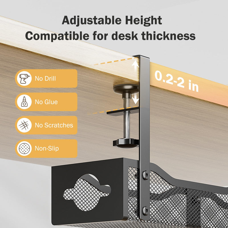 DELAMU 25'' Upgraded No Drilling Under Desk Cable Management Tray, Black | Under Desk Cable Management, Extra-Long, No Tools Required Installation, Height-adjustable, Home Office Gaming Accessories Glossy Black Extended