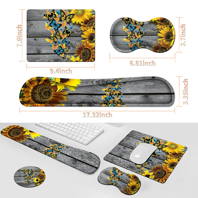 Ergonomic Keyboard Wrist Rest Pad+ Butterfly Wrist Support Cushion+ Square Mouse Pad+ Cup Coaster, Gel Memory Foam Sunflower Butterfly Desgin, 4Pcs Desktop Supply Set Combo for Home & Office
