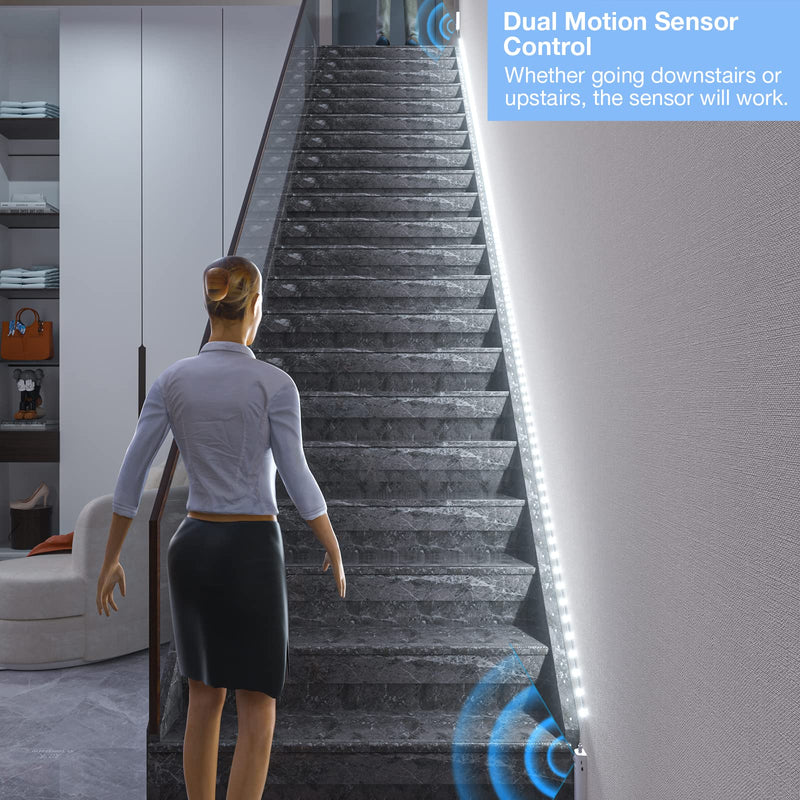[AUSTRALIA] - WOBANE Dual Motion Sensor Stair Lights Strip, Rechargeable 16.4ft LED Strip Lighting,150 LEDs Cuttable Tape Light for Hallway,Under Cabinet,Cupboard,Shelves,Gun Safe,Flexible,6000K White 16.4ft White 