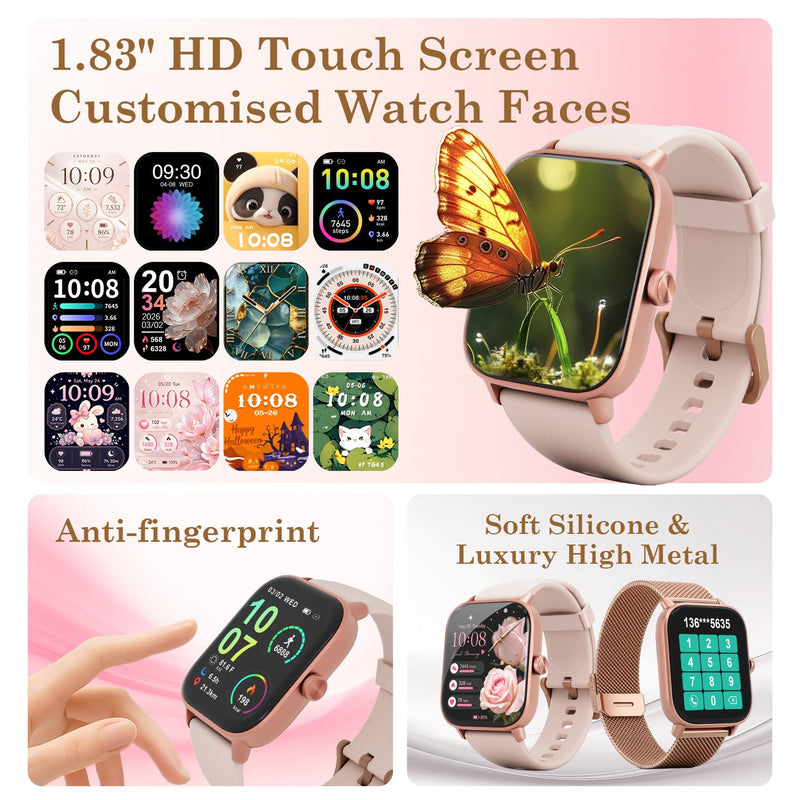 Pink Smart Watch for Women Android & iPhone, 1.83" HD Touchscreen, 24/7 Heart Rate, Sleep & Fitness Tracker, Answer/Make Calls/100+ Sports Modes/Message Reminder, IP68 Waterproof, Pedometer, 2 Bands Pink