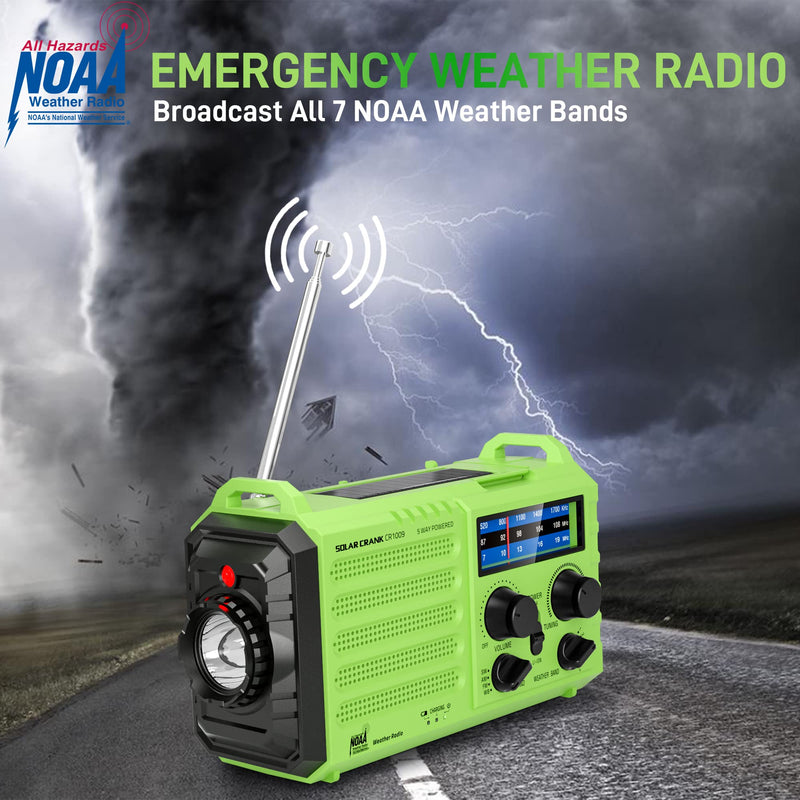 [AUSTRALIA] - Emergency Weather Radio – 18500mWh Portable AM/FM/SW/NOAA Radio with Solar Hand Crank, Rechargeable Battery, USB Charger, LED Flashlight, Reading Light, and SOS Alarm, for Home Outdoor (Green) Green 