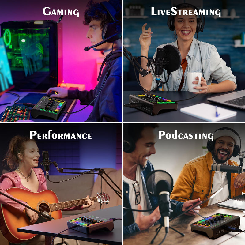 IXTECH Gaming Audio Mixer 4 Channel Soundboard, Streaming RGB PC Audio Interface with XLR Microphone Support, Audio Equalizer for Gaming Podcast Streaming Karaoke, Individual Volume Controls (Black) IX-MI-MIX01 Black