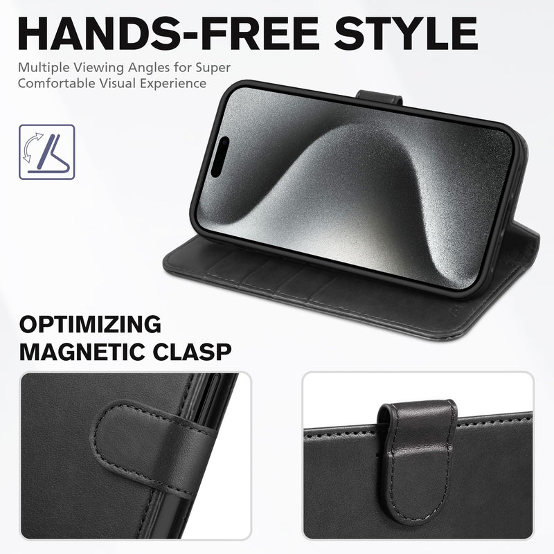 TUCCH Case for iPhone 15 Pro Wallet Case, RFID Blocking [4 Card Holder] Kickstand [Shockproof TPU Inner Shell] PU Leather Magnetic Protective Flip Cover Compatible with iPhone 15 Pro 6.1" 2023, Black
