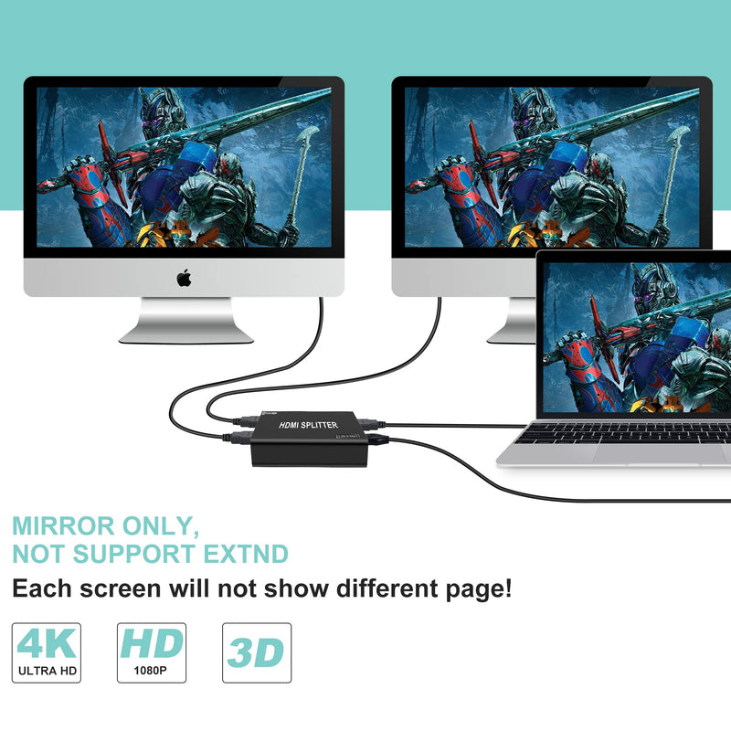 HDMI Splitter with HD HDMI Cable, 1 in 2 Out 4K HDMI Splitter for Full HD 4K@30HZ 1080P 3D Splitter (1 HDMI Source to 2 HDMI Displays) 1x2