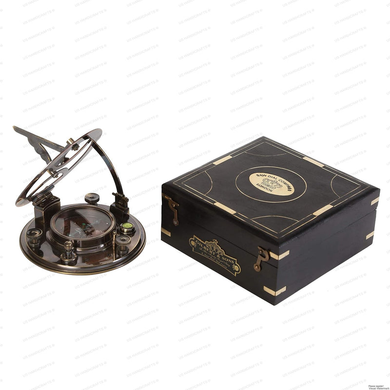[AUSTRALIA] - ShalinIndia Brass Sundial and Compass - Leather Storage Box 