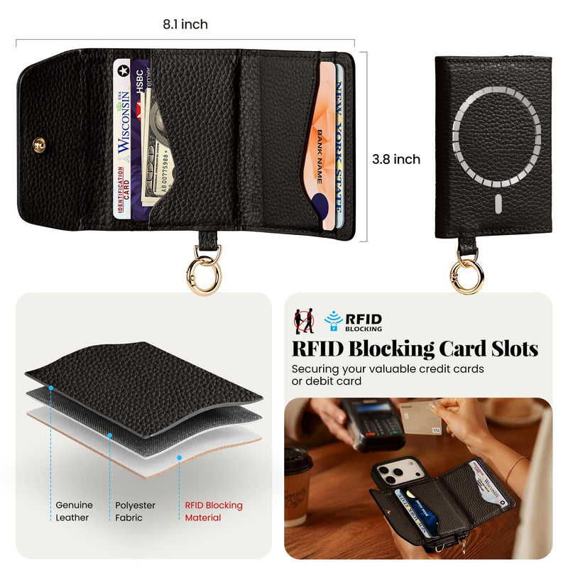 LUCKYCOIN Genuine Leather Crossbody Wallet Phone Case for iPhone 17 Pro | 100% Genuine Leather, Compatible with MagSafe, Removable Purse Flip Card Holder（with RFID Blocking）& Adjustable Strap, Black