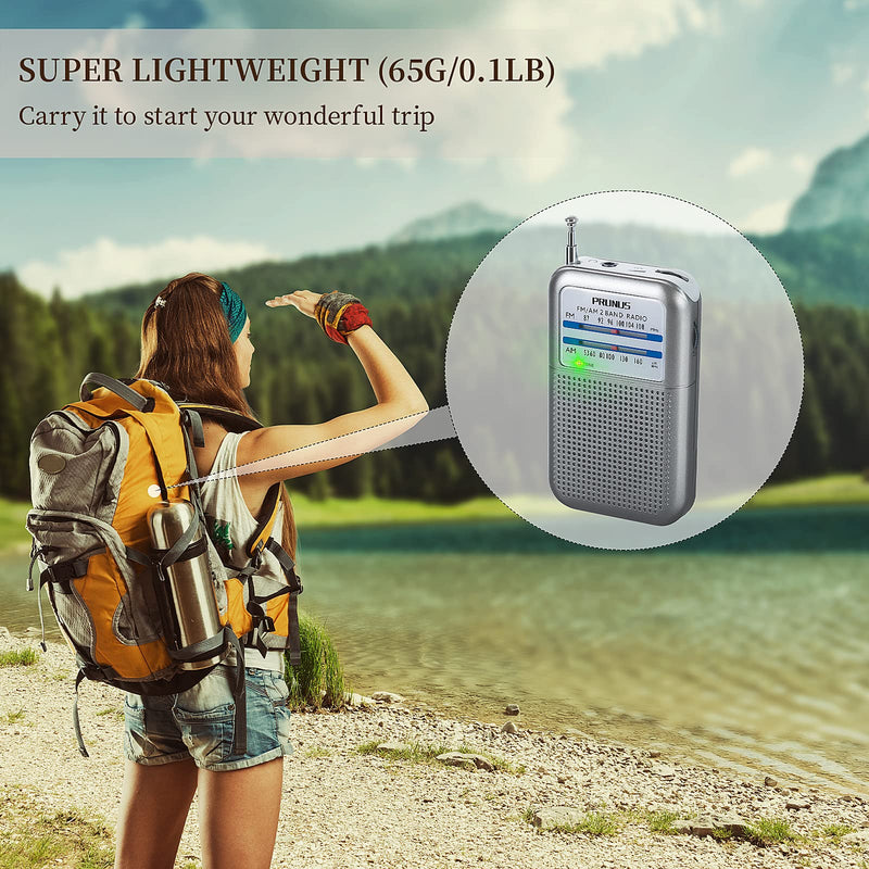 [AUSTRALIA] - Pocket AM FM Radio Portable, Mini Transistor Radio with Excellent Reception, Tuning Knob with Signal Indicator, AAA Battery Operated for Walking and Jogging, DE333 by PRUNUS Silver01 