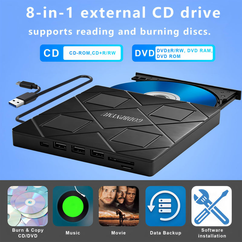 8-in-1 External CD/DVD Drive for Laptop, USB-C SD/TF Card Reader | with Carrying Case Compatible with Laptop PC, MacBook Pro/iMac Windows 11/10/8/7 Linux 8 in 1