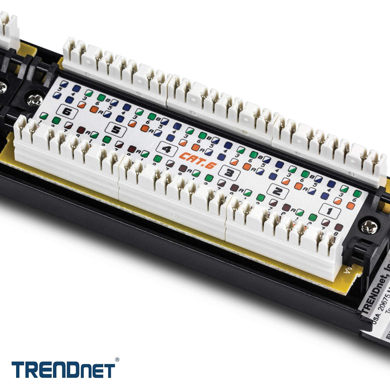 TRENDnet 24-Port Cat6 Unshielded Patch Panel, Wallmount or Rackmount, Compatible with Cat3,4,5,5e,6 Cabling, For Ethernet, Fast Ethernet, Gigabit Applications, Black, TC-P24C6 24 Port Patch Panel