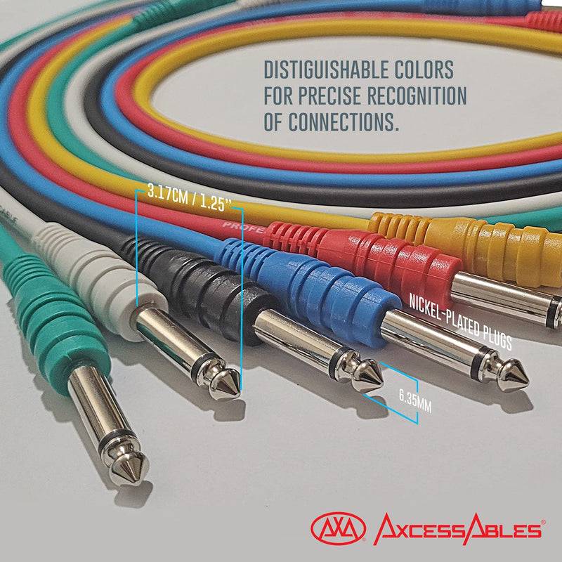 [AUSTRALIA] - AxcessAbles 1/4 (6.35mm) TS to 1/4 (6.35mm) TS Unbalanced Mono Multi-Color Patch Cables 6 Pack (3ft) Outboard Gear & Patchbay Studio Cables External Effects Digital Analog Effects 3ft - 6PK 