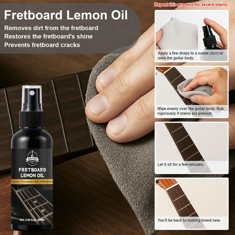 9Pcs Guitar Cleaning Kit, Guitar Maintenance Kit Includes Fret Polish, Cleaning Solution, Fretboard Lemon Oil, String Cleaning & Polish, String Cleaner, String Tuner, Masking Tape, 2 Cloth