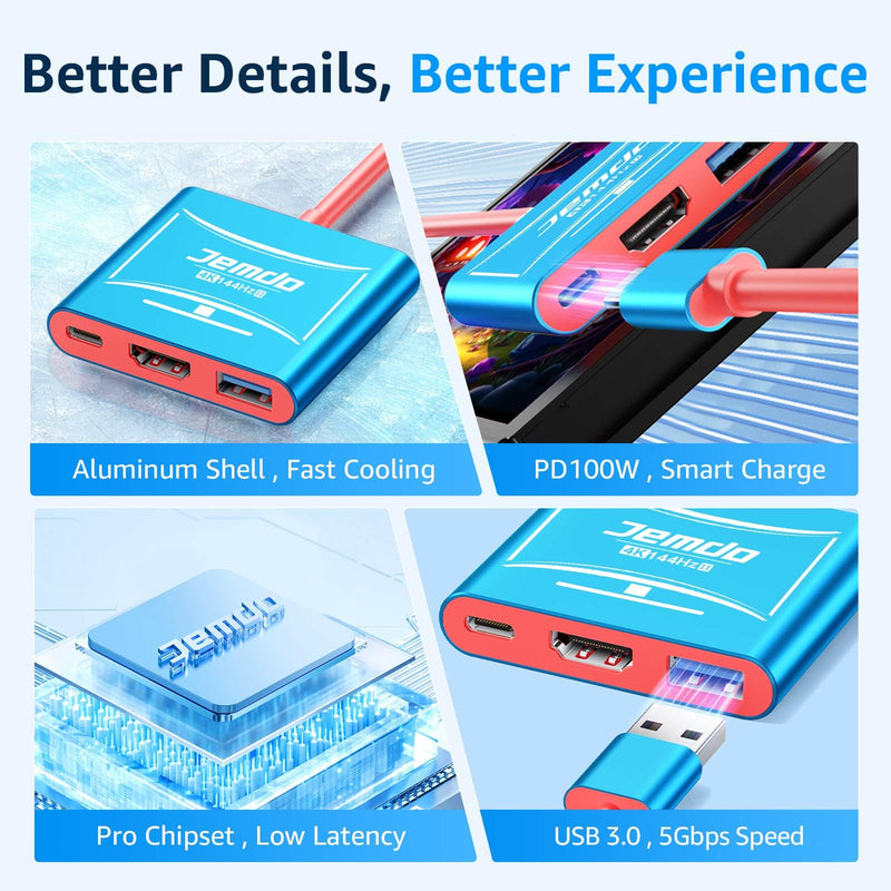 [AUSTRALIA] - JEMDO Switch 2 HDMI Adapter Dock Station(3 Ports),4K@144Hz HDMI 2.1&48 Gbps,PD 100W & USB 3.2,Portable USB C to HDMI Travel Dock for TV Compatible with Nintendo Switch 2(Only Below V21.0.0)/OLED/2017 Blue 144 