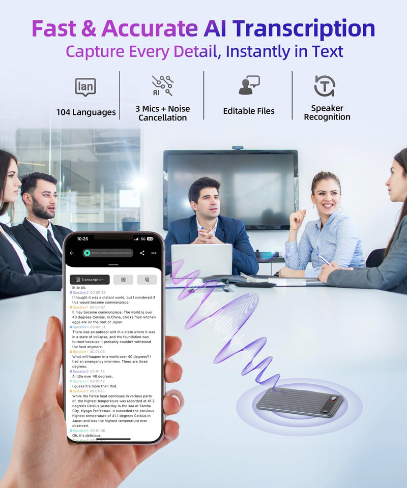 [AUSTRALIA] - AI Voice Recorder with App Control, Noise Reduction, Transcribe & Summarize with AI Technology, Note-Taking Device Supporting 104 Languages, 64GB Digital Audio Recorder for Meetings and Calls – Gray 