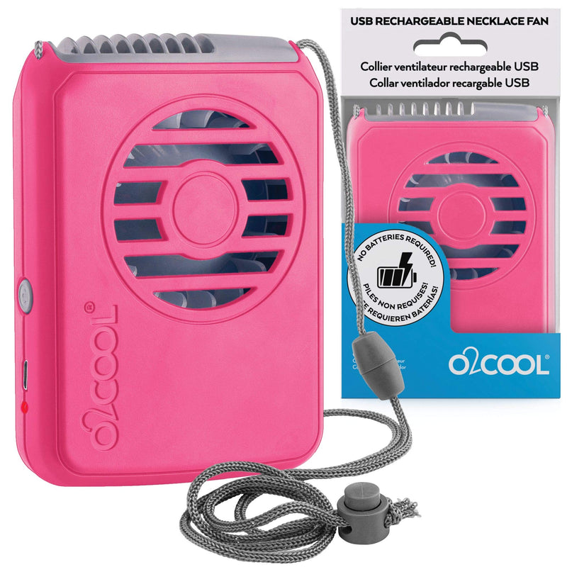 O2COOL Rechargeable Necklace Fan - Portable Hanging Neck Fan with Adjustable Lanyard - 3 Speed Vertical Air Flow – Micro USB Charging Cable Included (Raspberry) Raspberry