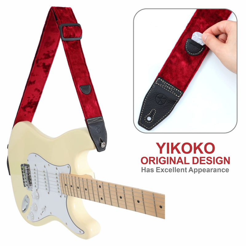 Guitar Strap 2 inch Velvet Guitar Straps with Full Grain Leather End, for Bass Electric and Acoustic Guitars, Free Strap Button, 2 Strap Locks and 4 Guitar Picks Red