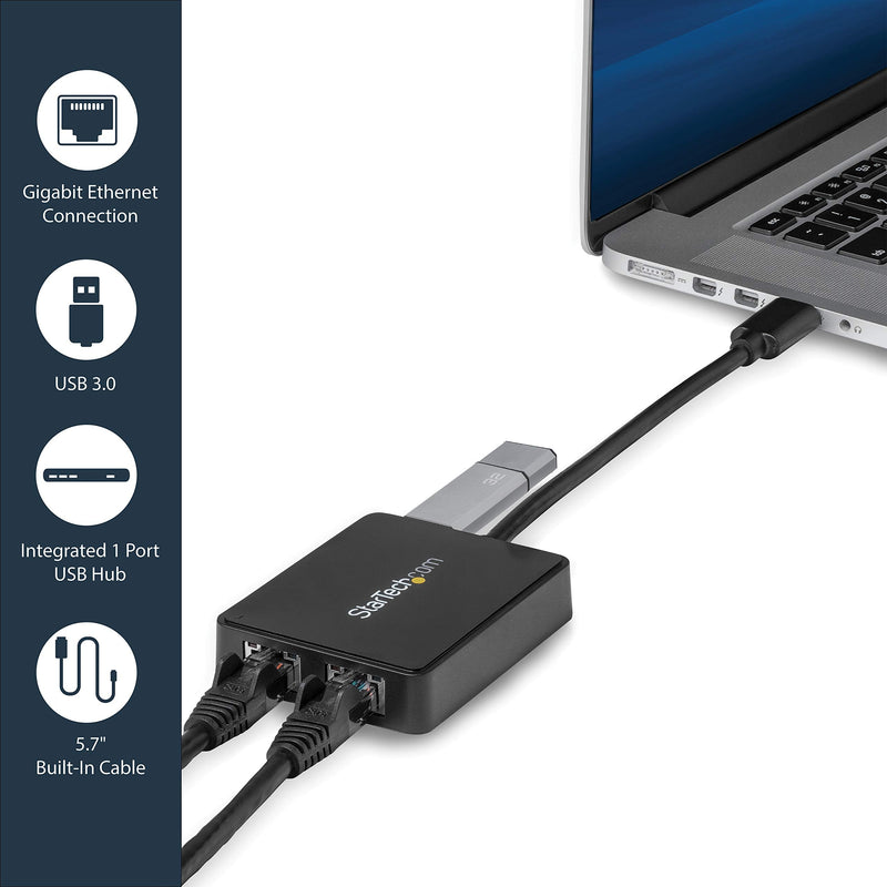 StarTech.com USB 3.0 to Dual Port Gigabit Ethernet Adapter w/USB Port - 10/100/100 - USB Gigabit LAN Network NIC Adapter (USB32000SPT) Black