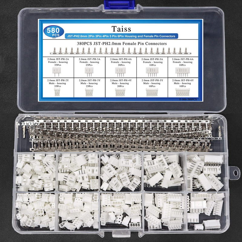 Taiss 580PCS JST PH Connector kit 2.0mm 2/3/4/5/6Pin Housing,Female and Male Adapter Cable Connector Plug,PH2.0mm Female Pin Connectors,JST Connector F-066-580PCS JST PH2.0mm Connector kit