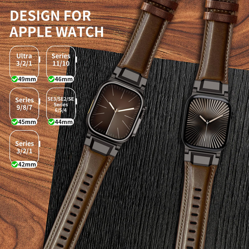 Leather Bands Compatible with Apple Watch Ultra 3/2/1 Band 49/46/45/42mm Men, Genuine Leather Metal Connector Strap for iWatch Ultra Series 11/10/9/8/SE, Dark Brown/Black+Retro Walnut/Titanium