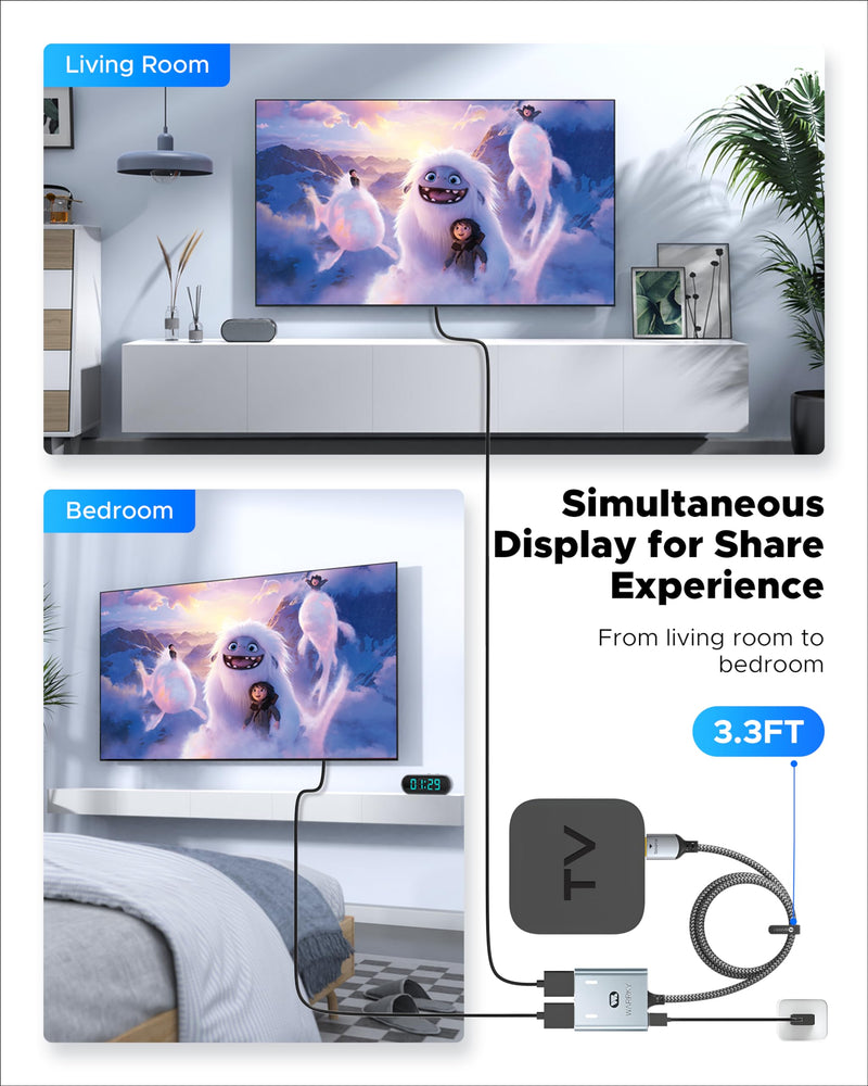 HDMI Splitter 4K, 1x2 HDMI Display Duplicate/Mirror, WARRKY HDMI Splitter 1 in 2 Out [Metal Shell, 3.3 Ft Braided HDMI Cable, LED Indicators], USB-C Powered Splitter, 1 Source to 2 Identical Displays