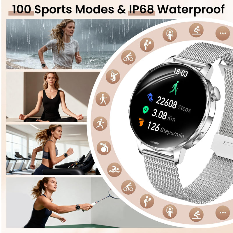 Smart Watches for Women, 1.27'' Smartwatches (Answer/Make Calls) Compatible with iPhone/Android Phones, IP68 Waterproof Fitness Tracker Watch with Sleep Monitor, 100+ Sports Modes (Silver) Silver