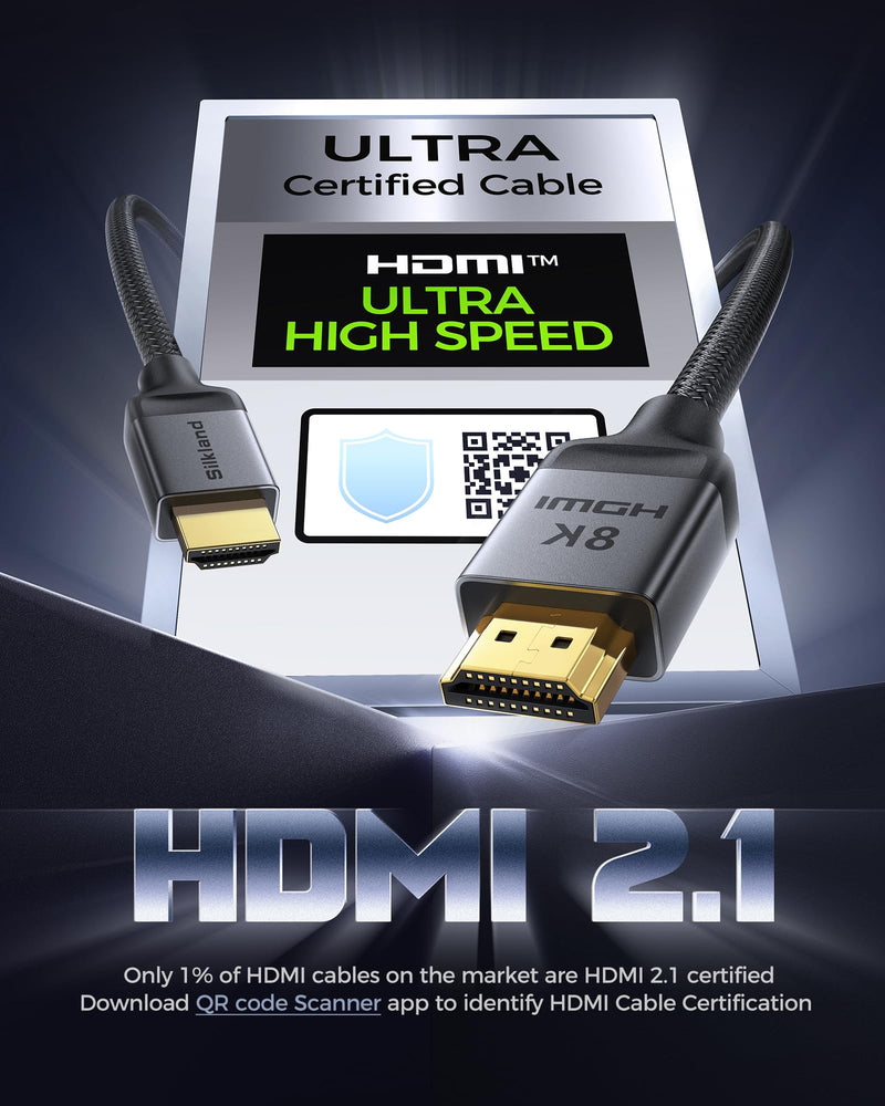 Silkland Certified HDMI 2.1 Cable, [4K@240Hz 144Hz 120Hz, 8K@60Hz] 1440P Ultra High Speed HDMI Cable 48Gbps (Upgrade Braided), HDR10+, eARC, HDCP 2.3, Compatible for Xbox/PS5/PS4/Roku TV-6.6ft 6.6 Feet 1-Pack Grey