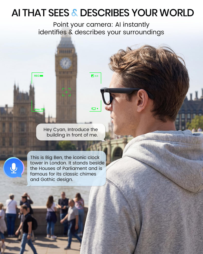 Smart Glasses with Camera and Bluetooth,HD Video Recording,Clear Lens | Voice Control,Open-Ear Bluetooth Audio, Hands-Free Calls Multi-Language Translation, Anti-Shake Video Photo Capture Black-Clear Lens