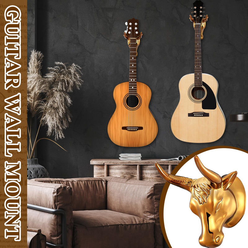 2 Pcs Bull Guitar Wall Mount Guitar Wall Hanger Bull Guitar Holder Guitar Wall Rack Gold Bull Art Ukulele Hook Stand for Acoustic Electric Bass Guitar Storage Player Gift