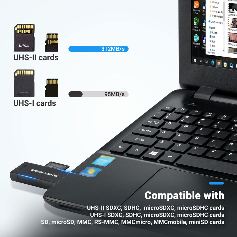 JJC UHS-II SD Micro SD Card Reader, 3-in-1 USB 3.1 USB-C Type-C 3.1 Micro USB 2.0 Connection Port, High Transfer Speed up to 312MB/s, Compatible with Computer, Laptop, OTG Enable Phone and Tablet USB 3.1 UHS-II Black