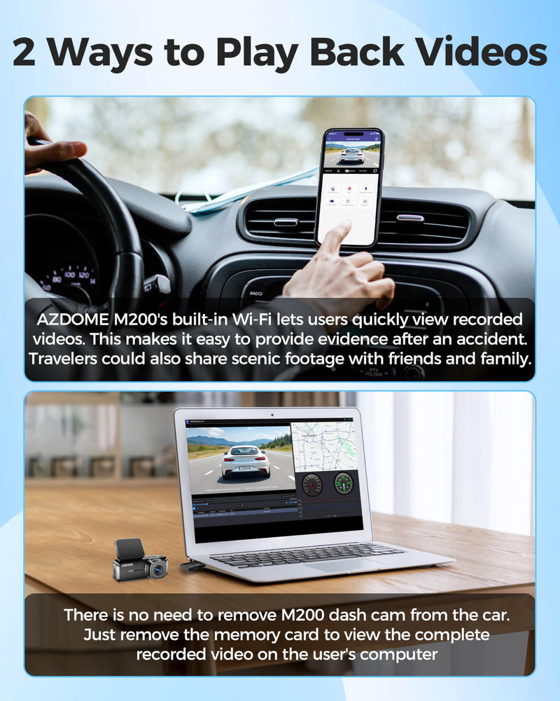 [AUSTRALIA] - AZDOME M200 Mini Dash Cam WiFi Dashcam - Single Channel Dash Cam for Broad Road Coverage - Built-in WiFi - Full HD Resolution - Parking Monitor - App Connectivity - Collision Detection - Night Vision 