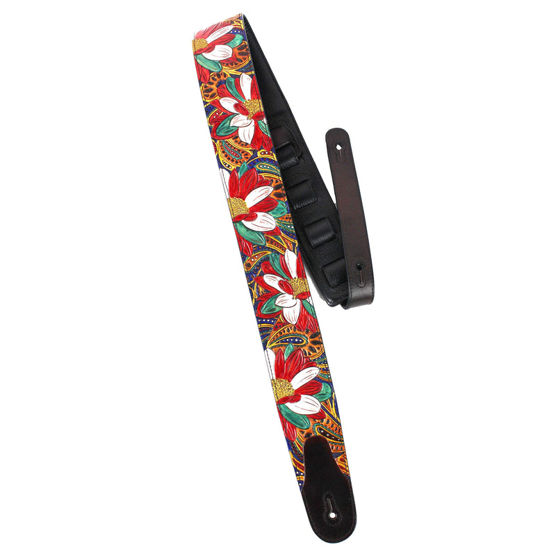 Walker And Williams LHR-20 Handmade Premium Carved Leather Guitar Strap With Carousel Red Paisley Floral Carving And Dark Brown End Caps For Acoustic, Electric, And Bass Guitars